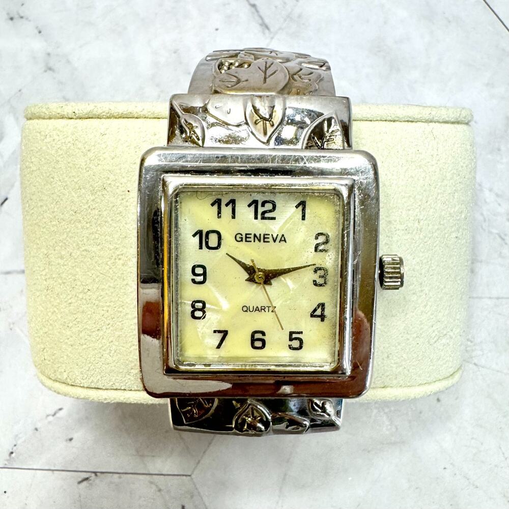 Geneva Women Watch Silver Tone Cuff Bangle Band MOP Square Dial New Battery